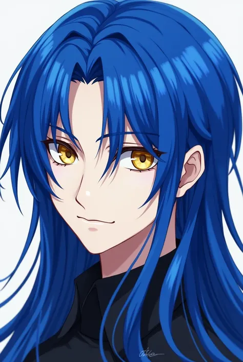 Man, royal blue hair, yellow eye, white skin, anime, handsome, long hair 