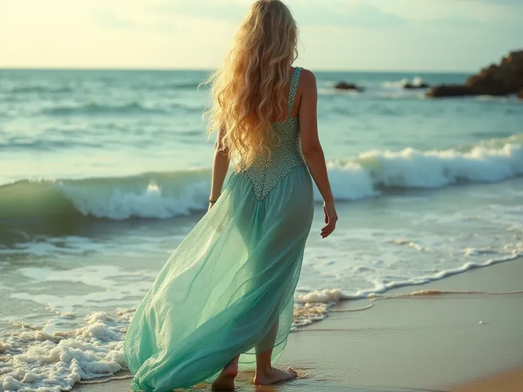 The Mermaid Transformed

On the edge of the shore, where the ocean meets the sand, a mermaid emerges from the waves, her shimmering tail dissolving into legs as she transforms into a human. Her long, wavy hair, the color of the sea at dawn, cascades down h...