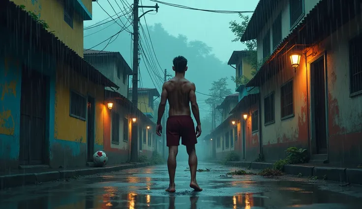 Create a logo for a soccer channel on YouTube with the name: Canal Barrinha de Praia, Where the backstage is a Brazilian favela and the weather is rainy and the character is barefoot