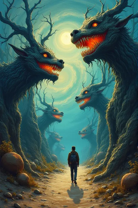 A man on a road full of mythological monsters with large teeth and different creatures, like something out of a dream by Vincent van Gog