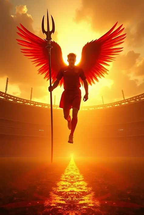  An angel with bright red wings floats over a golden playing field ,  that looks like flames .  The angel holds a golden lance ,  which symbolizes the unshakable will to win and defend Red Bull Salzburg.  The background shows the silhouette of a stadium , ...