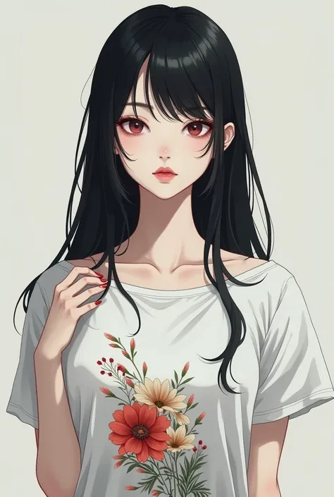 An anime-type woman with white skin with black hair on her shoulder and a mole on her lip with a floral t-shirt in her hands wears a heart of ice