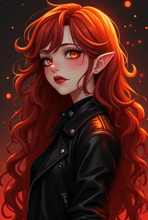  old vampire girl with long curly hair and snake like golden magical eyes. Her hair color is a vibrant auburn with strong reddish-orange tones, giving it a warm and fiery appearance. It has depth, resembling a mix of red and copper hues that are prominent ...