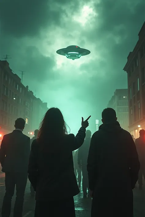 "Could it be that we are already living in a world shaped by these unseen forces?"
Create a chaotic montage of people reacting in fear—some pointing at UFOs in the sky, others documenting their experiences, all while shadowy figures loom behind them, hinti...