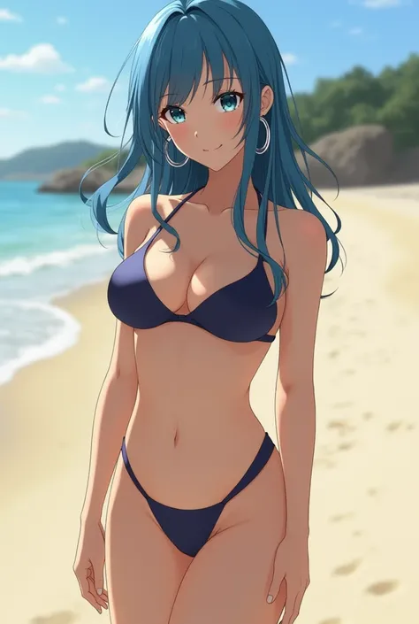 Japanese women with slender bodies and large breasts。Hair is blue、Super shortcuts that go unnoticed。Super Gal。A pose that emphasizes large breasts。With a sexy look、A confident smile。The background is a sandy beach、Plenty of sunlight pours in。The costume is...