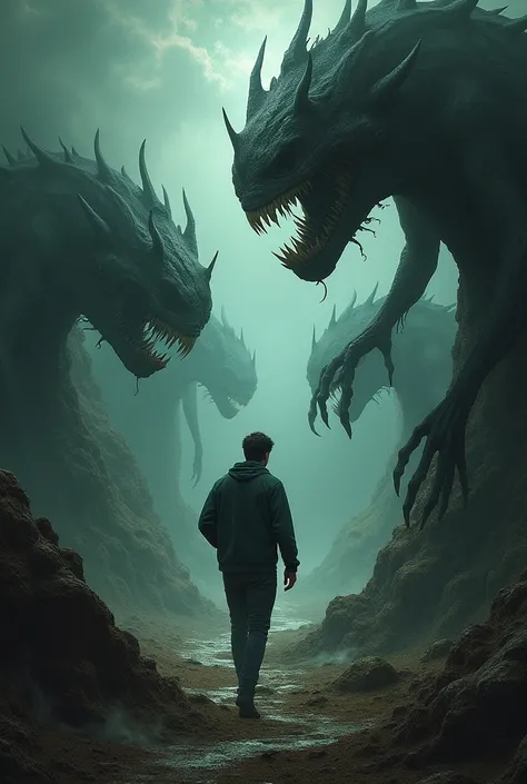  A man walking alone at night  , among various mythological monsters with teeth with mouths like Dantes Inferno or another mythology ,as in a surreal dream 