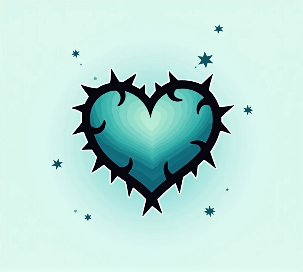 logo of a heart with thorns in black and turquoise in simple blue-green and white stars 