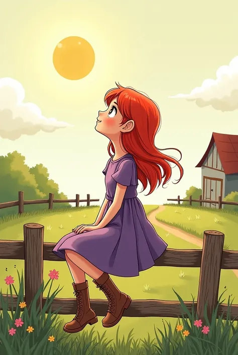  A doodle drawing of a  girl with red hair purple dress and brown boots , looking sideways at the sun  ,  sitting on top of a farm fence  , with his hands on his lap 