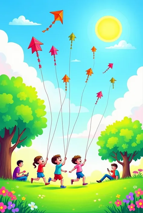 Drawing Idea : " Kite Festival "

 Description :
 Draw a colorful and cheerful scene for ren launching kites in the air . The drawing can contain:

 A sky full of colorful kites in a variety of shapes  (Stars, hearts, birds ).

 ren running enthusiasticall...