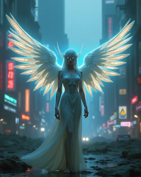 cyberpunk, angel, glowing angel wings, cybernetic wings, glowing eyes