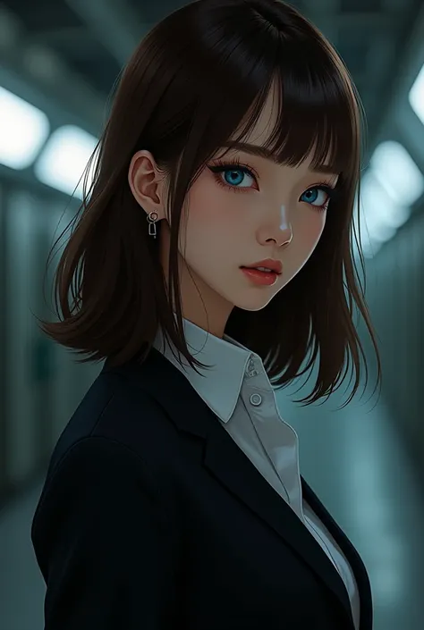 Crée un personnage brun au yeux bleu avec une peau net et claire au cheveux mi long et que l’image soit mieux travaillée  comme dans un manwha comme dans espionnage d’élite 