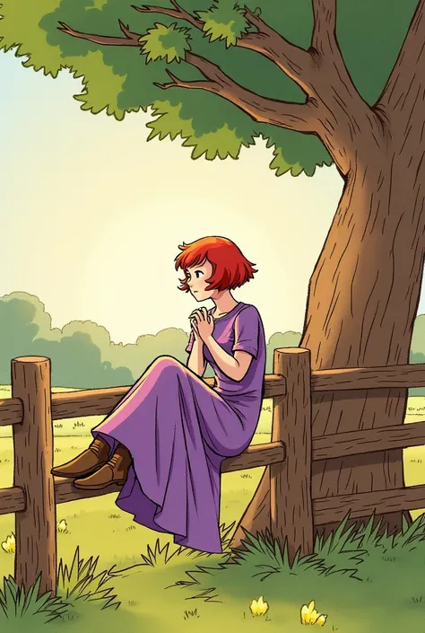 A doodle drawing of one with red hair purple dress and brown boots , looking sideways at the sun  ,  sitting on top of a farm fence  , with his hands on his lap  ,  leaning against a tree  