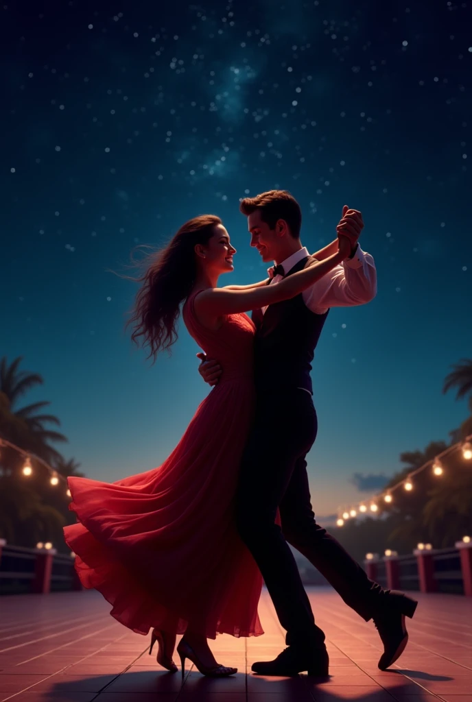 Couple dancing salsa under a dark sky with looking at sky and enjoying happiness of there relationship 