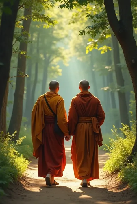 The monk and his disciple are walking along a dirt path in the forest. The environment is tranquil, with birds chirping and sunlight filtering through the trees. The monk occasionally glances at his disciple with a serene smile, indicating the continuation...