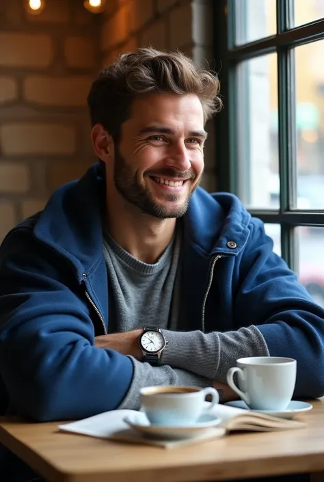 grand, jeune, homme, athlétique mais mince, cheveux dorés, légèrement ondulés, sourire chaleureux, regard doux, pull laine gris clair ajusté, jean basique bien coupé, manteau bleu marine plié sur bras, collier fin en argent, montre classique en acier, deux...