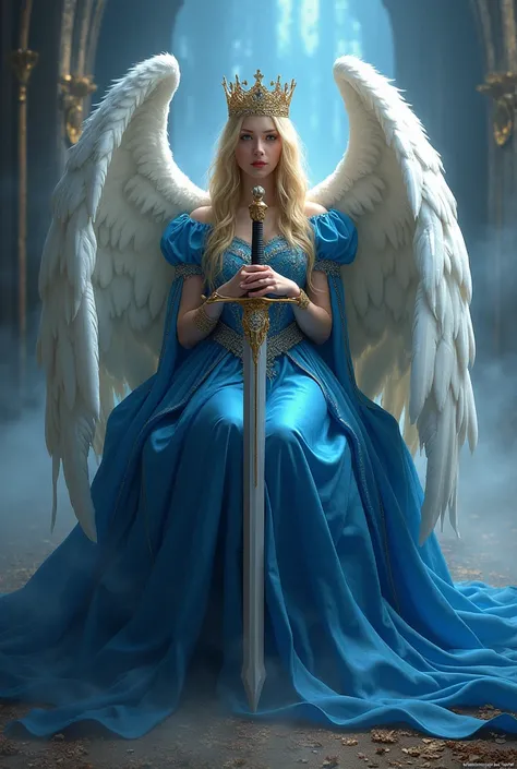 The Witch queen with crown in blue dress sitting with white wings and great sword, blonde hair