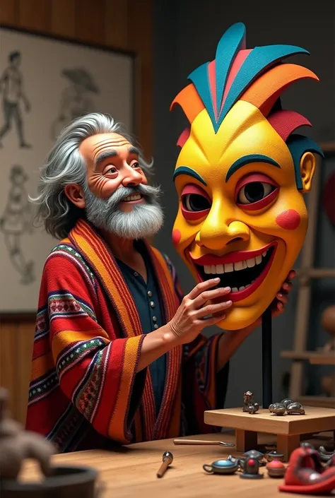 " An animated character of a master craftsman from Pasto ,  modeling a large carnival mask in his workshop .  The craftsman has indigenous Nariño traits ,  gray hair collected and an expression of concentration and joy.  He wears a colorful ruana with geom...