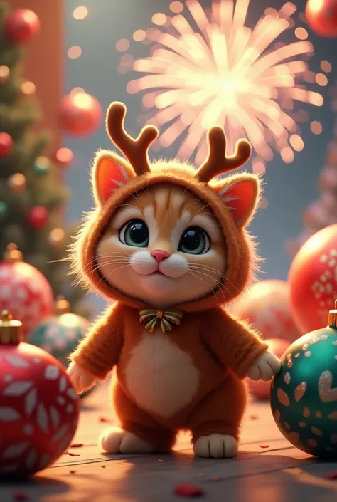 Fluffy cat wearing a rendeer costume,background many many big Christmas balls and fireworks on the floor 