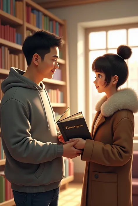  A slightly chubby Asian guy in a gray sweatshirt ,  gives the book “tarmaqtar” to a frozen Asian girl in a sheepskin coat with her hair tied in a bun, in a bright library  