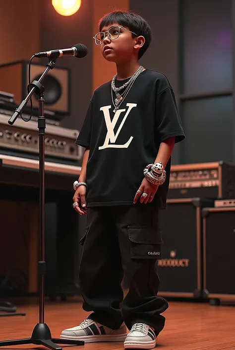 A boy at the music studio picking up a microphone with wide pants Louis Vuitton t-shirt Gucci sneakers with jewelry around his neck mascots on his wrist diamond rings Prada glasses