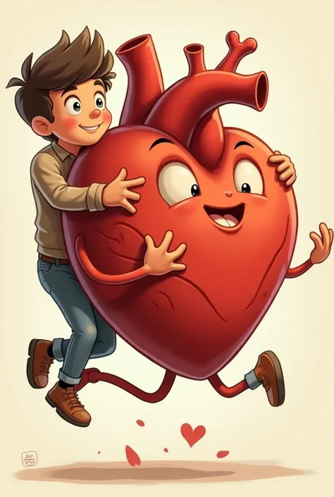 
I want an animated image of a heart for the left that has hands and feet that carries a young man on a strap and the young man has a happy face all this has to be as if it were drawn