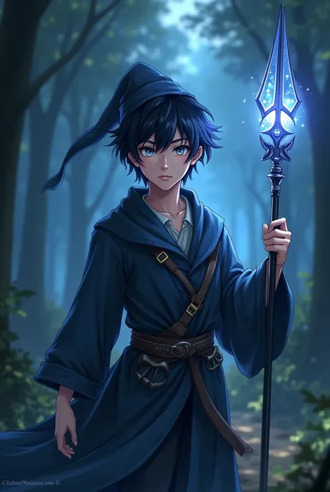 Style: anime 
A  young wizard in a mystical forest setting at dusk. Ele possui cabelos negros e curtos,  gray eyes that shine with a silver tone , emanating a mysterious aura.  He wears simple clothes of rustic fabric ,  suitable for a medieval village ,  ...