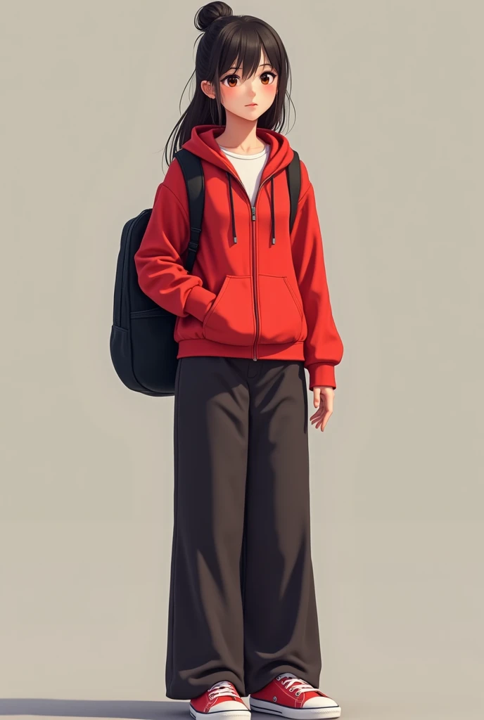 A schoolgirl girl with trendy style modest clothes wide pants till the shoes. Covering the back of the shoes, wearing a red zip hoodie, wearing a black bag that is suitable for her clothing trend style, she has an undestandable posititive attractive charac...