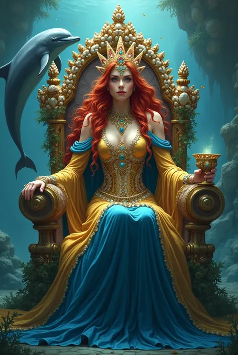 The Witch queen sitting in gold and blue dress and great Cup and a dolphin in the background, redhead, seashell crown, throne of shells and seaweed