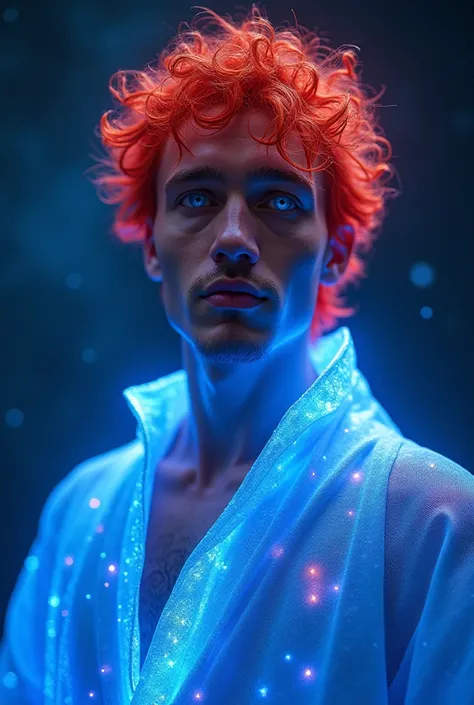 Create a young Cosmic Gypsy Man from Astral Ethereal wearing a fluorescent blue robe of holographic light with hyperrealistic red hair native to the Lilac Galaxy of Buddha-Prana, High resolution ,  Blue Eyes, 