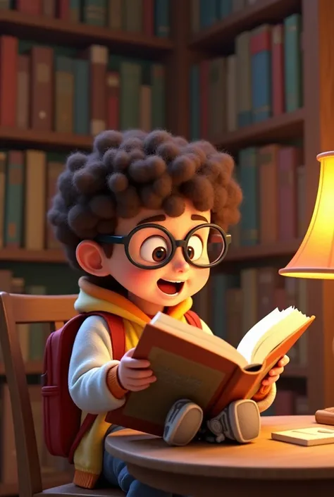 "A 3D Pixar-style cartoon boy with curly brown hair, large round glasses, wearing a white and orange jacket, grey pants, sneakers, and a backpack, inside a cozy library filled with bookshelves. He is sitting at a table, excitedly flipping through a large i...