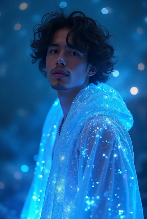 Create a young Cosmic Gypsy Man from Astral Ethereal wearing a fluorescent blue robe of hyperrealistic holographic light native to the Lilac Galaxy of Buddhak Prana, High resolution ,