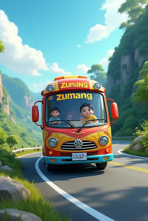 Create a bus named Zumang written on the top of the windscreen and on the beautiful road 