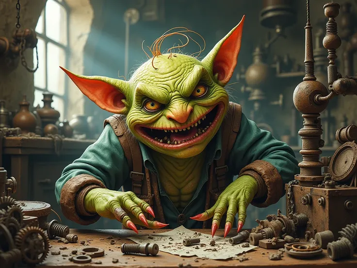 A goblin inventor in his messy workshop. The workshop is filled with strange contraptions, rusty gears, and various discarded objects. The goblin is surrounded by pieces of junk, trying to put together some kind of machine. His face is covered in grease, a...