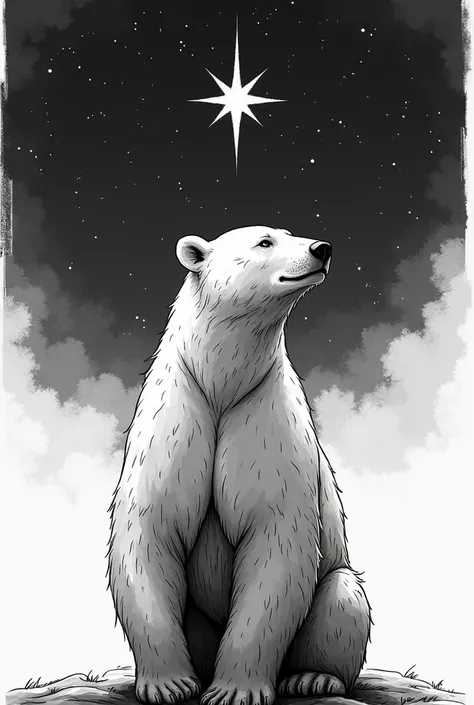  Create the silhouette of a polar bear looking up at a star, black and white drawing  