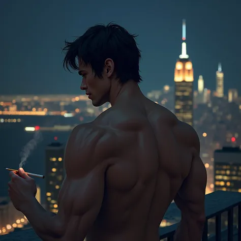  Handsome muscular man ,  disheveled black hair ,  has his back naked ,  is watching New York City on a balcony, While smoking , It&#39;s night time,