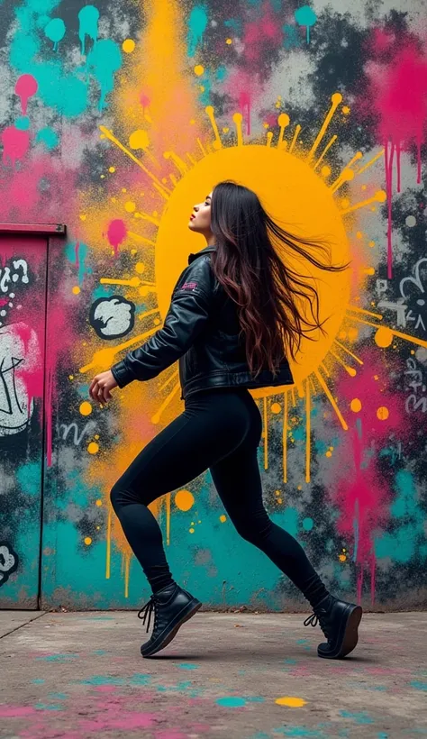  Make me a background with a graffiti wall ,  where it is the stage for an urban dance ,  so that I can place the instructors photograph on that image.Make it very colorful 