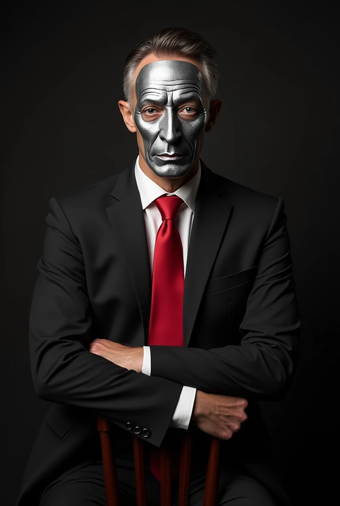 man in a suit with red tie ,  he has a mask of Salvador Dali from the paper house so the mask is silver, But he has short hair ,  he is sitting on a chair and with his arms crossed, and the background is dark
