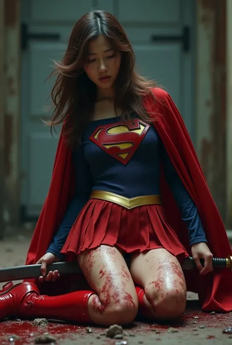 live-action、 a man and a picture of a supergirl with a mans stab  ,  Her chest is slashed with a sword  ,  Expression of deep pain   ,  dramatic, dramatic tragedy  ,    blood is spewing out of the wound    ,  slashed in the chest and died  , Slashed in the...