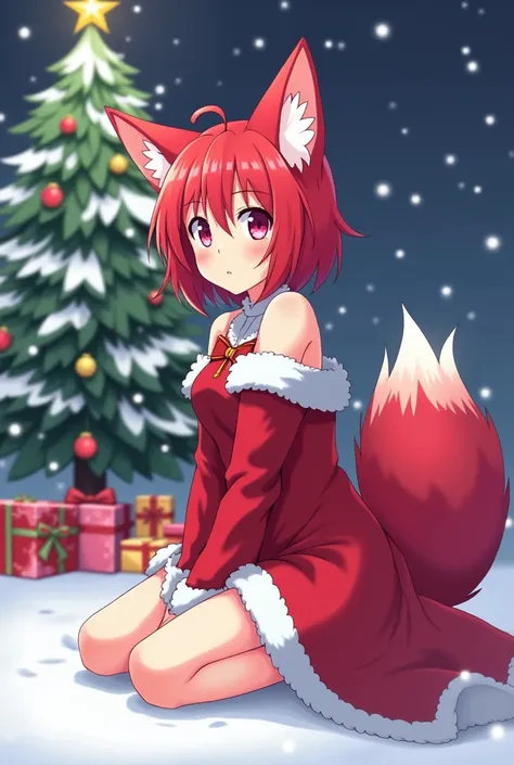 Create an anime-like masterpiece ,  snowy background with a Christmas tree and gifts under the tree from a girl  ,  from a red-haired girl with red fox ears wearing Christmas clothing,   two red fox tails on her lower back and pink eyes ,  sitting on the f...