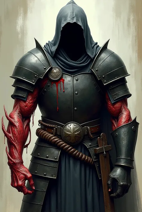 "A grotesque medieval warrior in the art style of RPG DnD. He wears full, dark, and intimidating armor that covers almost his entire body. His face is completely hidden, adding a mysterious and menacing aura. One of his arms is monstrously large and expose...