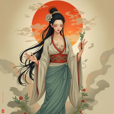 Generated image of Benzaiten. A beautiful female deity like a Japanese sculpture. Slim figure. Buddha smile ((Beautiful female ukiyo-e tattoos attract people and show their spirit. A full-body image of an 18-year-old Asian goddess posing. An image of an an...