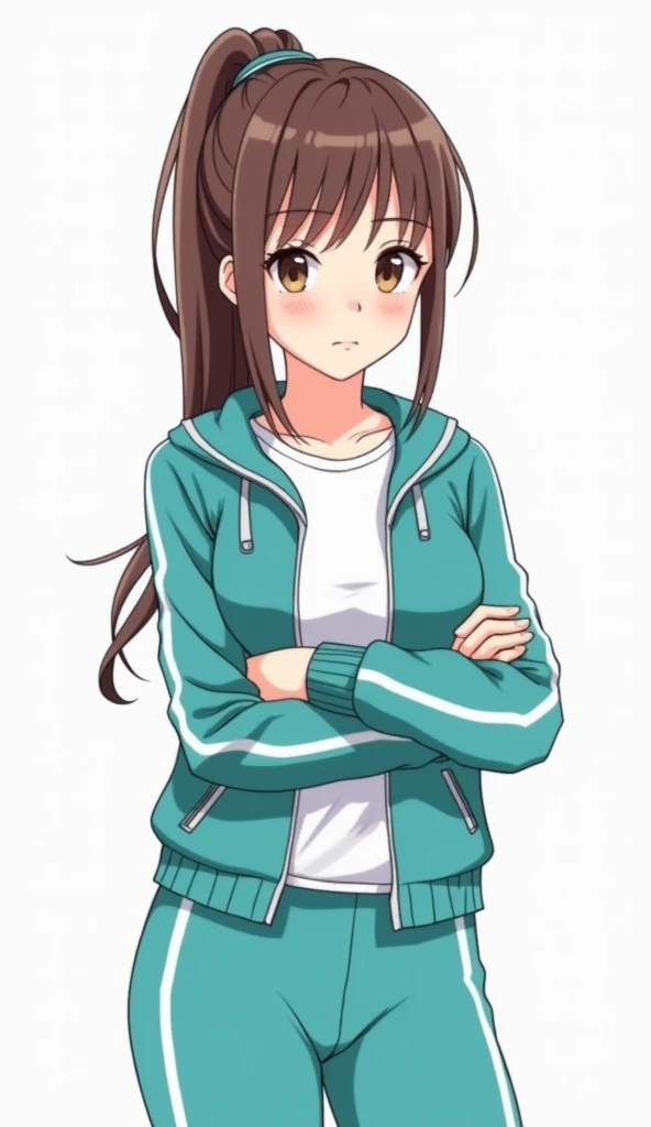 аниме — full body, image of an 18 year old girl , Beautiful Body,  Big breasts,  digital image ,  girl with long brown hair in a ponytail, bang,  brown eye , illustration,  turquoise tracksuit ,  white t-shirt, frowning expression,  arms crossed on the che...