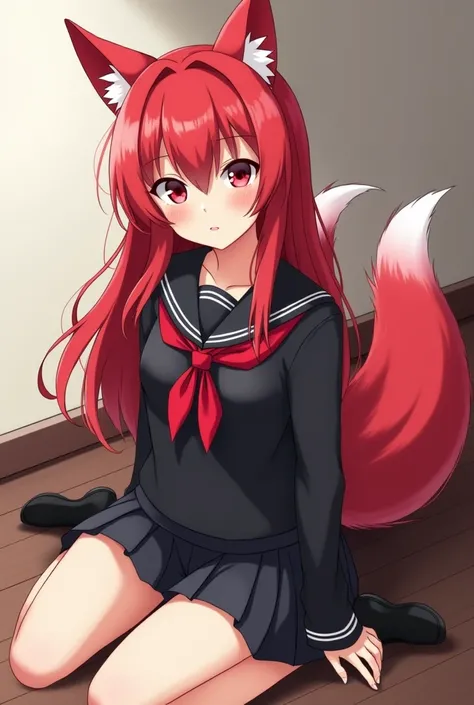 Create an anime-like masterpiece , Of a girl , Of a girl de pelo rojo con orejas de zorro rojas, wearing a black Japanese schoolgirls uniform , black flick,  , two red fox tails on her lower back and pink eyes,  sitting on the floor  