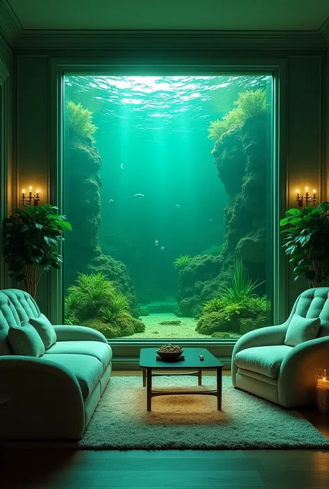 Create a luxury home in Dubai with the green sea show show the house furnished with a large fish tank create luxurious chairs that are very bright at night create a totally luxurious sound your room 2024 the house fully illuminated