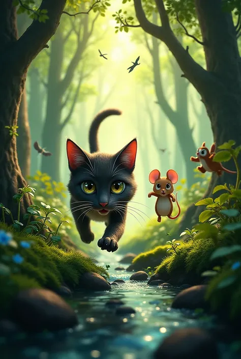 The movie of chasing a cat and a mouse in the forest 