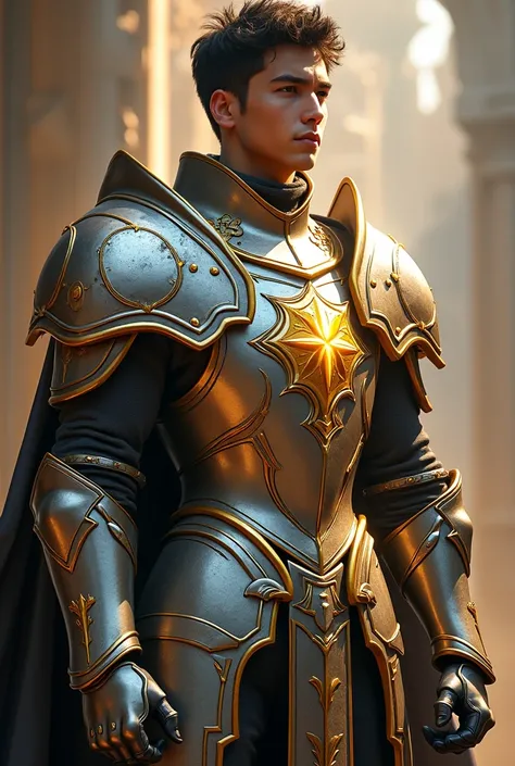 a youthful man with short black hair in armor with a sword, epic paladin armor, silver and gold heavy armor, paladin armor, fantasy paladin, paladin golden armor, heavy fantasy armor, heavy white and golden armor, male paladin, a human male paladin, thick ...