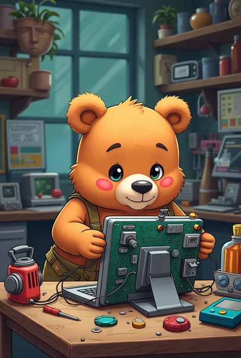 Cartoon bear ,  repairing a computer