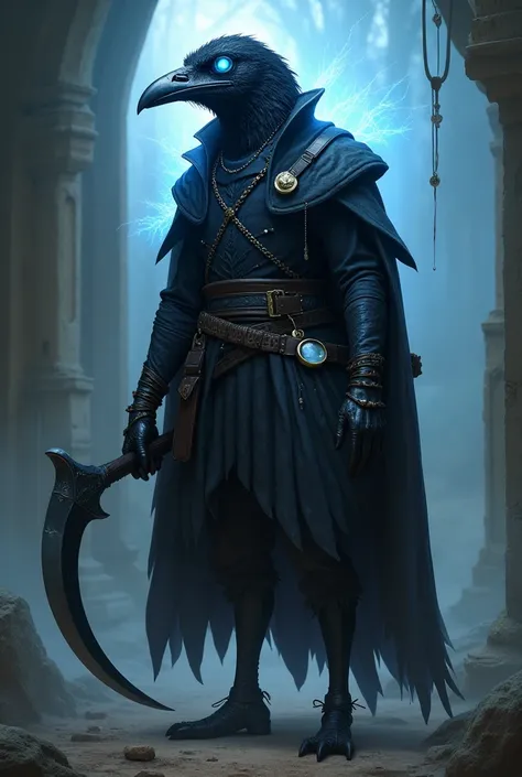 Corvum of D&D, with a costume of The Plague Doctors without the mask. With a magnifying glass in the belt, and carrying a hand scythe. With a white blue aura emitting from his eyes and scythe