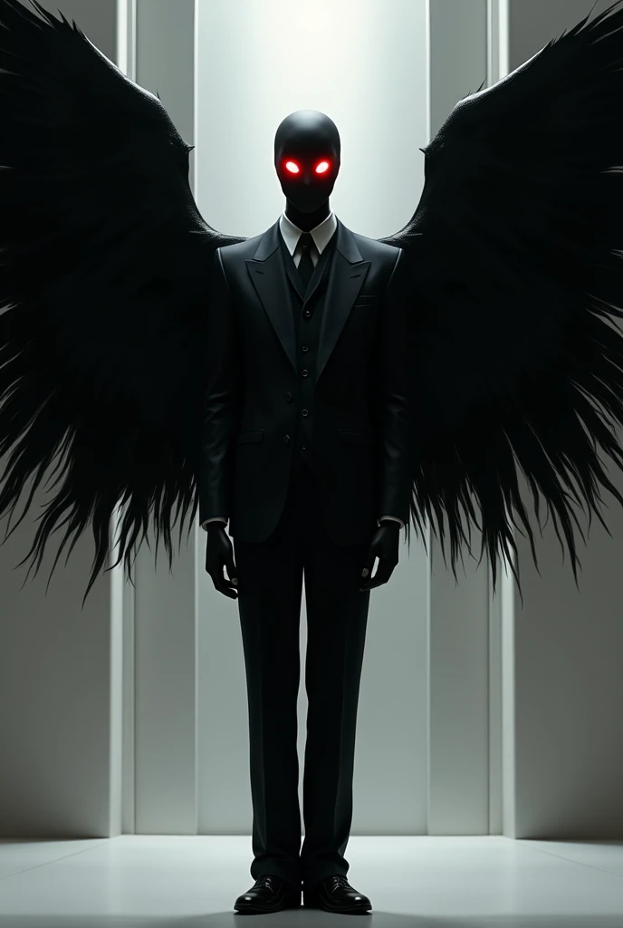  A 2-meter ,  guy with big black wings , No nose, neither ears nor hair ,  big bright red eyes ,  an elegant black suit in an apartment