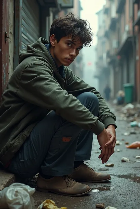 A young man sitting on a city street near the garbage with his hand on his leg and a visible bruise on his knee